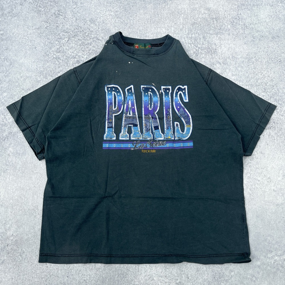 Vintage 1990s Franc Stelle Paris France Faded Distressed Black Purple T-Shirt
